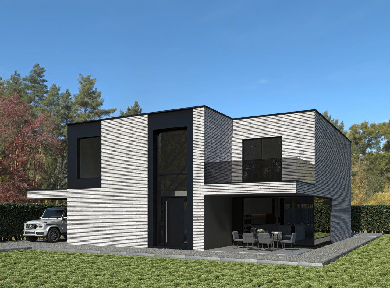Vue extérieure en perspective d’une maison unifamiliale contemporaine neuve à Jupille-sur-Meuse, Liège, caractérisée par des volumes géométriques, des façades en briques grises et de larges ouvertures vitrées.