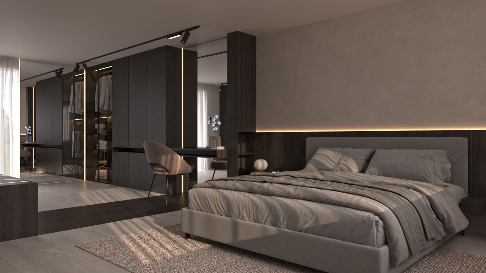 Vue oblique de la chambre parentale avec lit, dressing intégré et coiffeuse sur mesure.