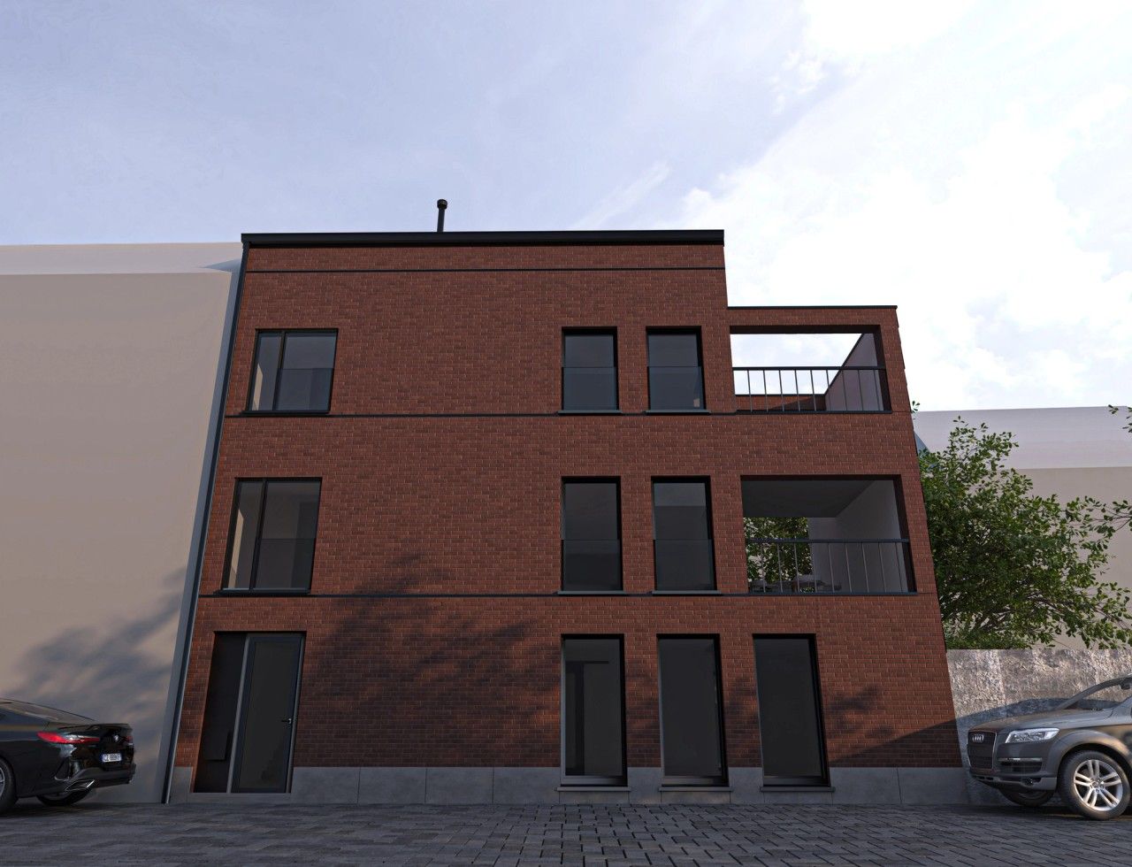 Vue frontale d’un immeuble de 3 appartements en briques rouges à Verviers, avec grandes baies vitrées et terrasses intégrées à la façade.