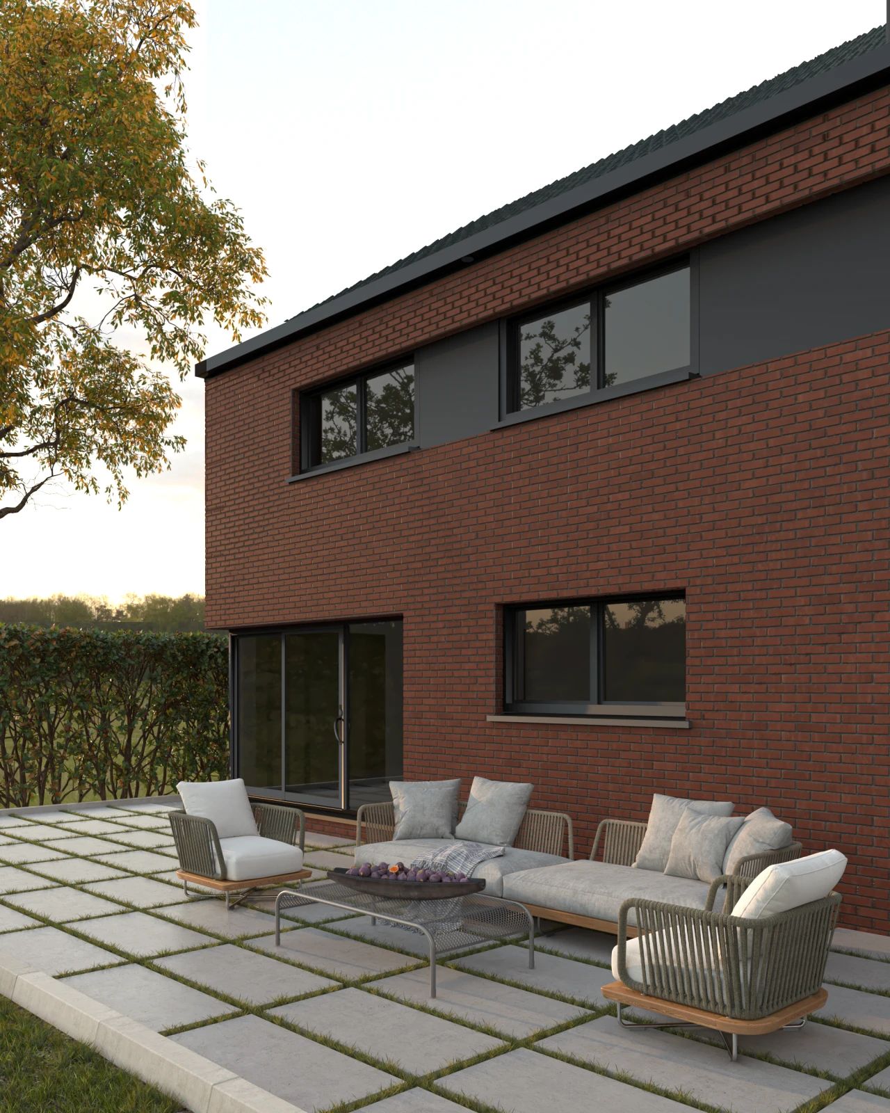Rendu 3D de la terrasse arrière d’une maison contemporaine à Clavier, avec salon de jardin, dallage extérieur, grandes baies vitrées et façade en briques rouges.