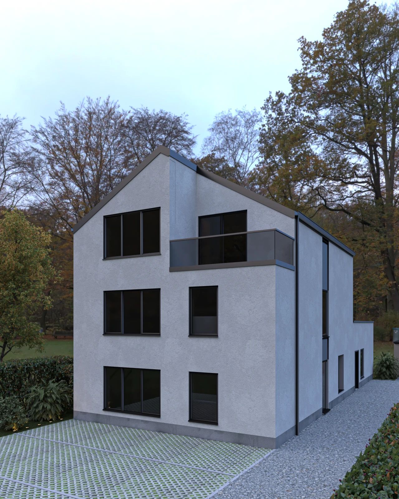 Rendu 3D de la façade avant d’un immeuble résidentiel transformé à Hamme, avec enduit clair, châssis foncés et volumes contemporains.