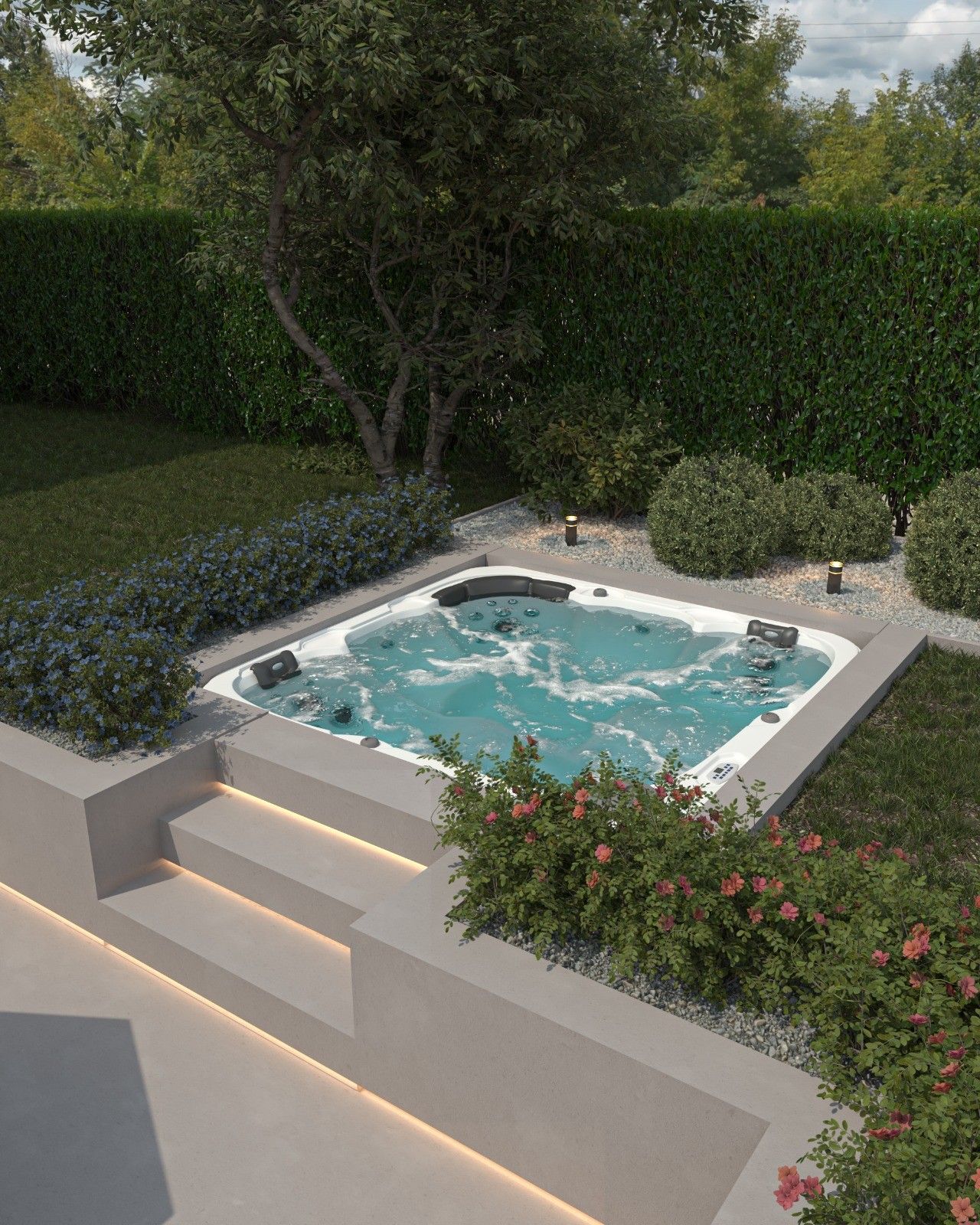 Vue rapprochée de l’espace spa aménagé dans le jardin à Flémalle, avec jacuzzi encastré, emmarchements éclairés et plantations paysagères.