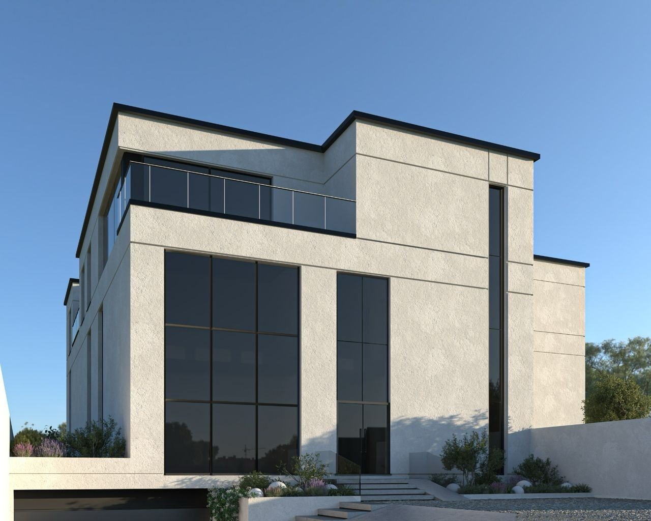 Façade principale du concept initial d’un complexe multifonctionnel à Liège, avec grandes baies vitrées toute hauteur, crépi clair, terrasse en étage et entrée mise en valeur par un volume vertical.