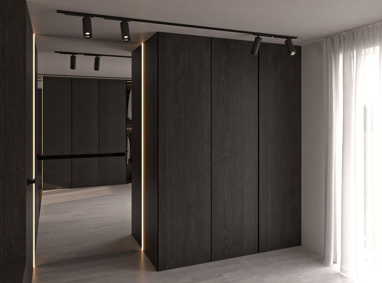 Volume de rangement sur mesure près de la fenêtre dans une ambiance minimaliste.
