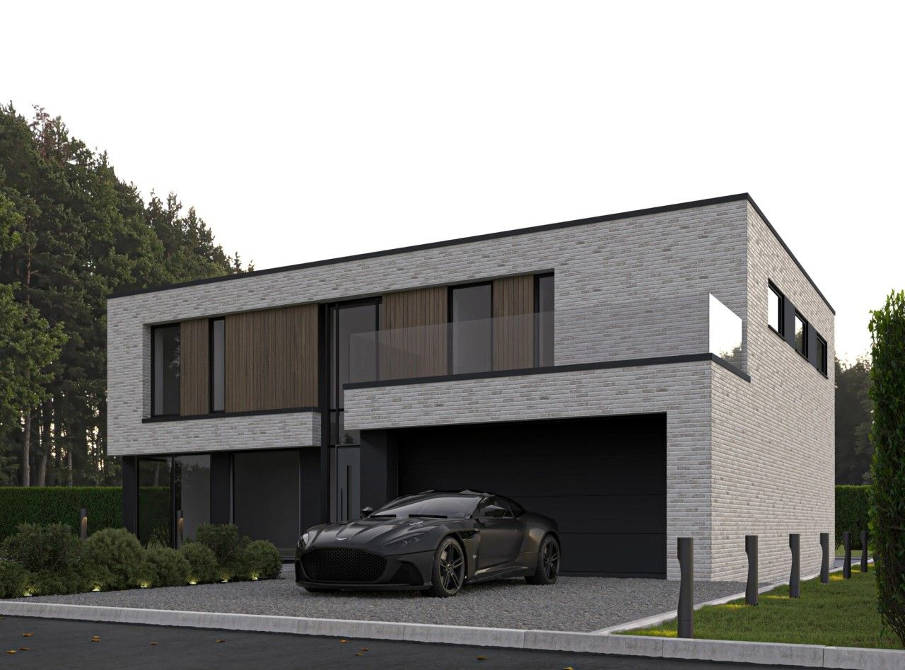 Vue en perspective de la façade avant d’une maison contemporaine à Juprelle, avec briques claires, garage intégré, châssis noirs et volumes à toiture plate.
