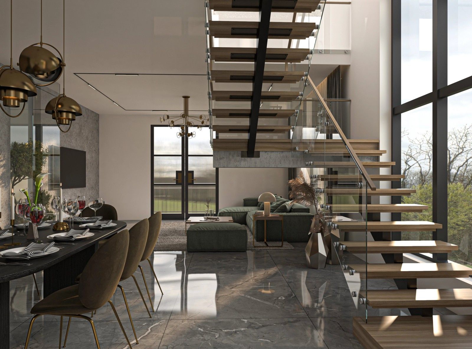 Vue d’ensemble de l’espace de vie d’un appartement duplex à Verviers, réunissant salle à manger, escalier contemporain et séjour dans un volume largement vitré.