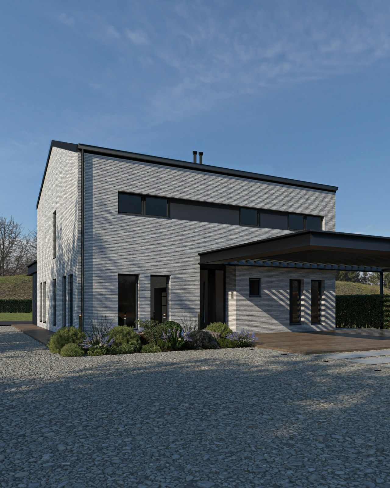 Vue oblique de la façade avant d’une maison neuve à Awans, avec parement en briques claires, toiture à versants et carport contemporain.