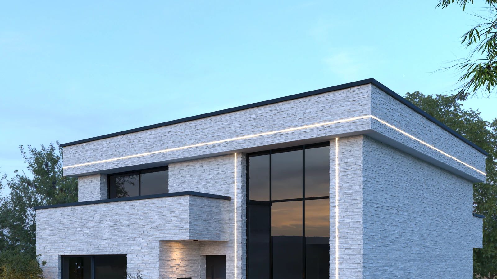 Vue en perspective de la façade avant d’une maison unifamiliale transformée à Tongeren-Borgloon, avec brique claire, grandes baies vitrées, menuiseries noires et aménagement paysager.