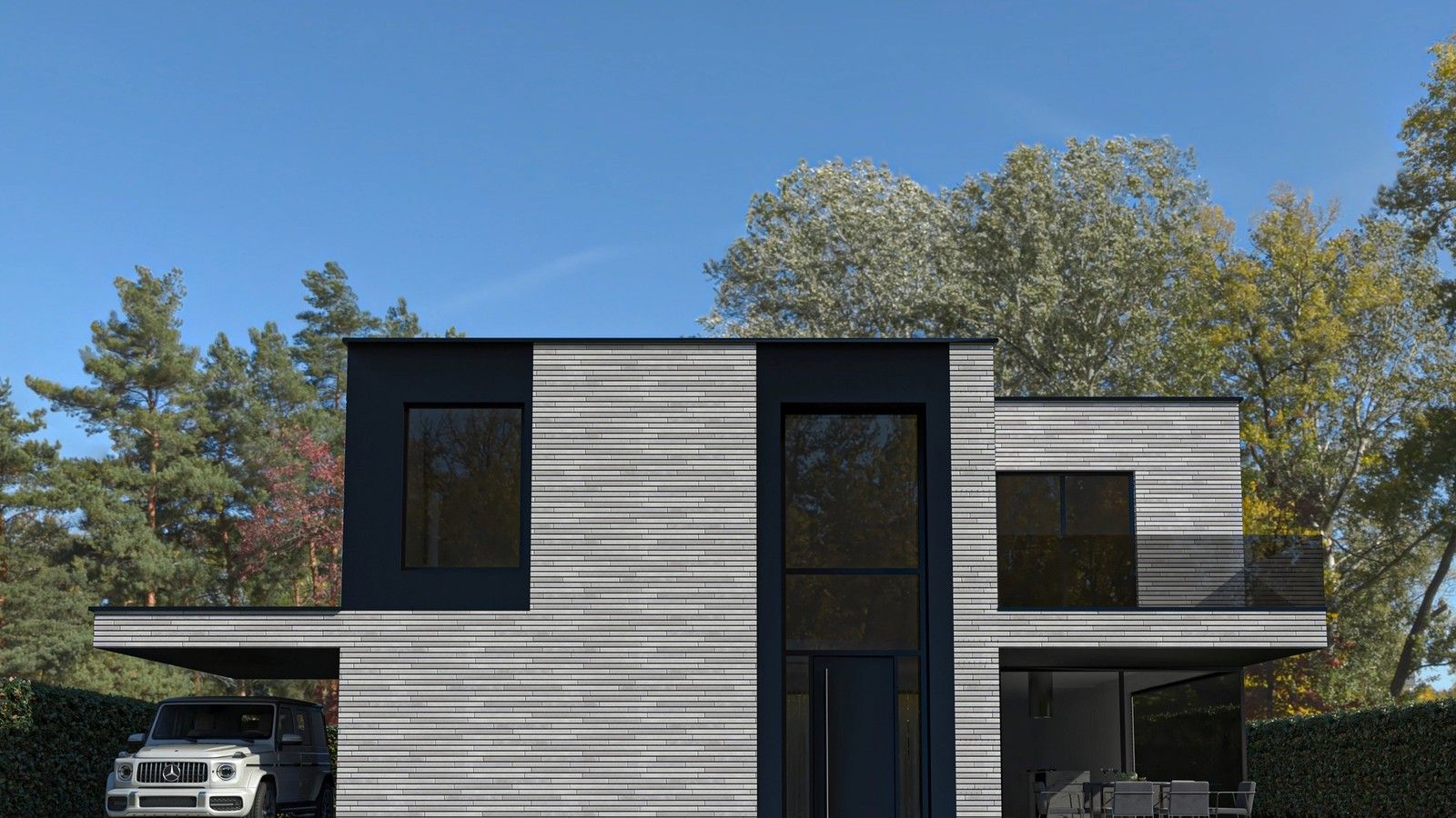 Façade principale d’une maison unifamiliale contemporaine neuve à Jupille-sur-Meuse, Liège, avec volumes en briques grises, grandes baies vitrées et carport.