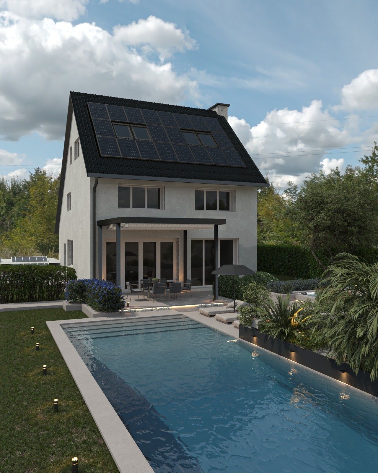 Vue arrière de la maison rénovée à Flémalle, avec grande piscine, terrasse aménagée, pergola et panneaux photovoltaïques intégrés à la toiture.