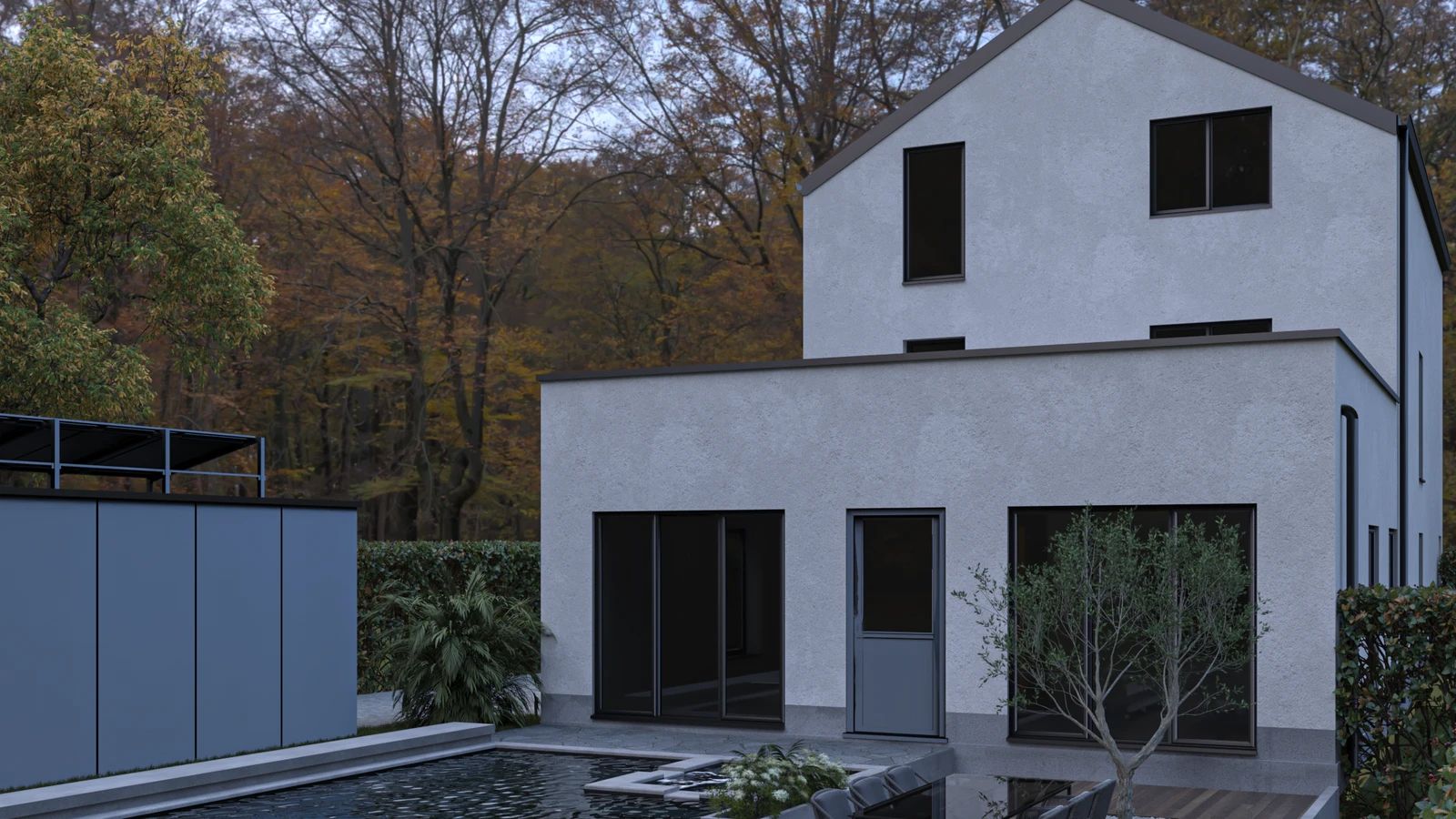 Rendu 3D de la façade arrière d’un immeuble de quatre logements à Hamme, avec terrasse en bois, piscine et larges baies vitrées ouvertes sur le jardin.