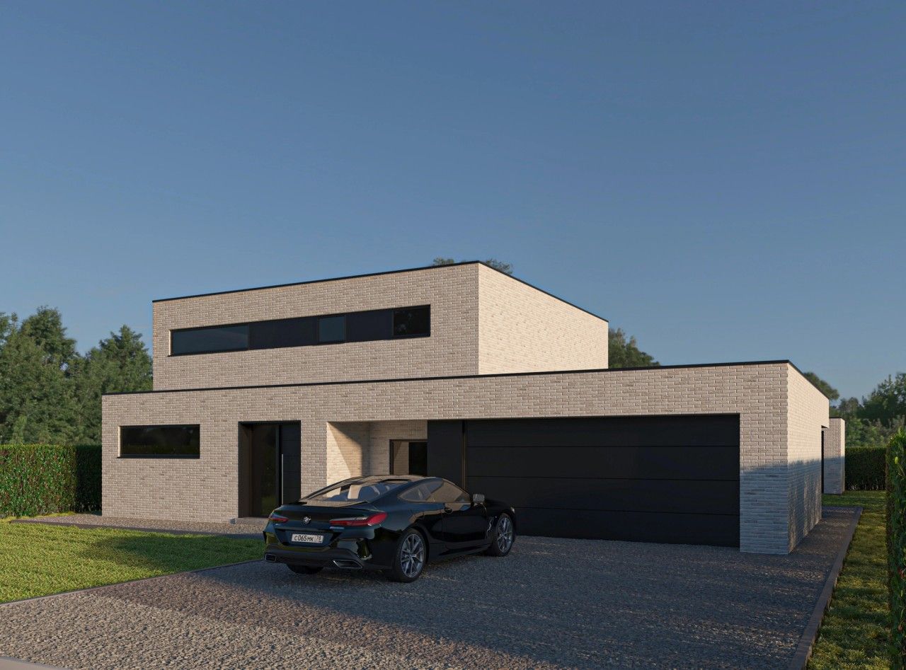 Vue en perspective de la façade avant d’une maison contemporaine neuve à Oupeye, avec parement en briques claires, châssis foncés et grand garage intégré.