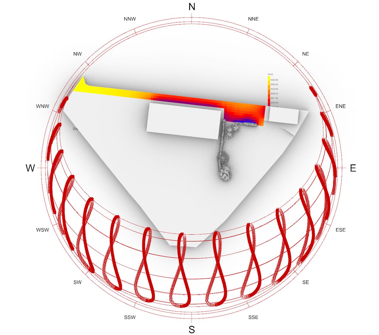 Vue en plan de la simulation d’ensoleillement avec le hangar agricole projeté à Oreye, montrant la variation des heures d’exposition solaire en limite de propriété.
