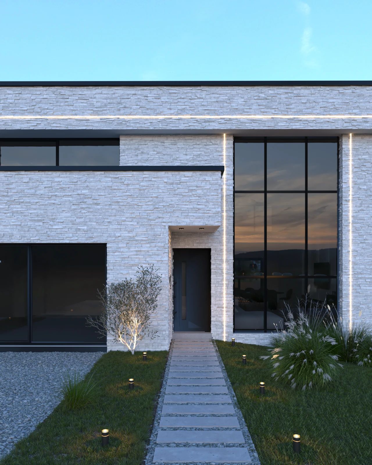 Vue rapprochée de l’entrée principale d’une maison à Tongeren-Borgloon, avec cheminement en dalles, façade en brique claire et grande baie vitrée sur deux niveaux.