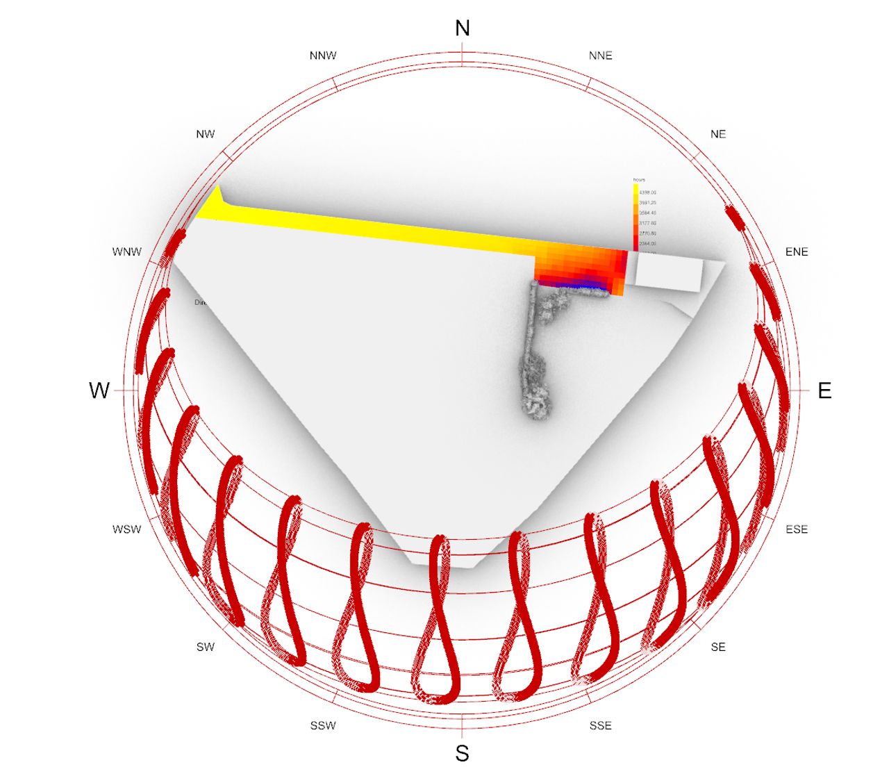 Vue en plan de la simulation d’ensoleillement de la situation existante à Oreye, avec trajectoires solaires et répartition des heures d’ensoleillement sur la zone étudiée.