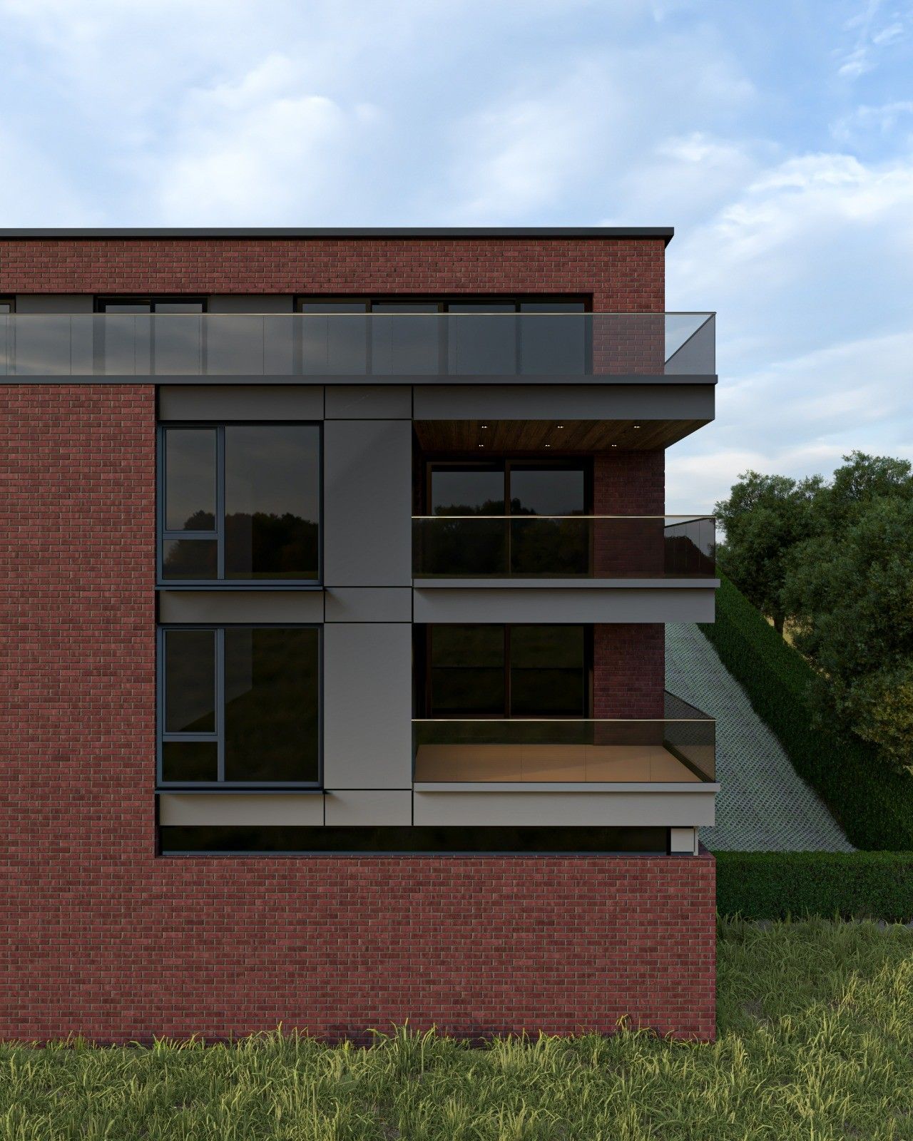 Détail de la façade arrière à Pepinster, avec terrasses couvertes superposées, garde-corps vitrés, sous-faces en bois et panneaux anthracite.