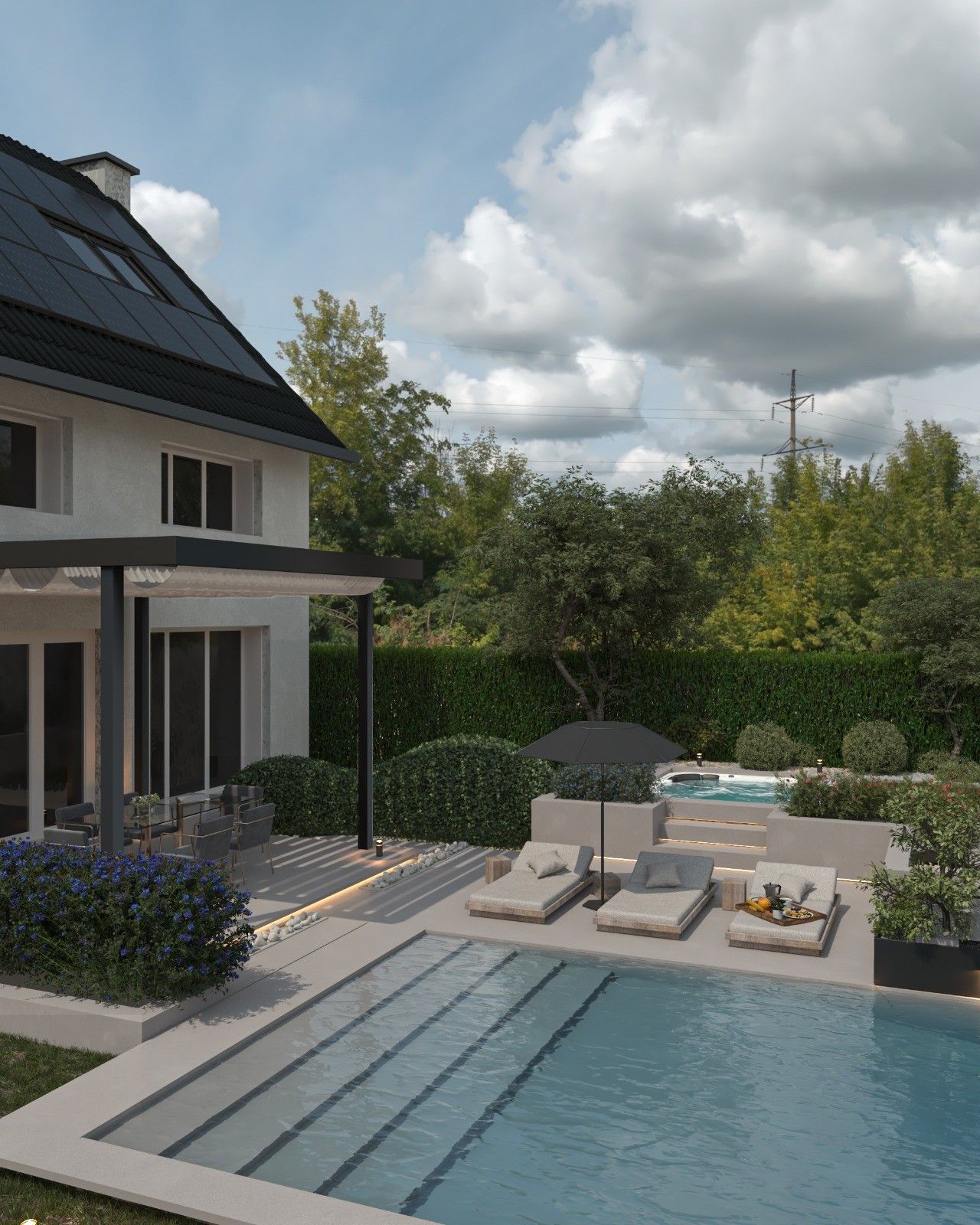 Vue sur la piscine et les aménagements extérieurs de la maison rénovée à Flémalle, avec terrasse, pergola, bains de soleil et espace spa en fond de jardin.